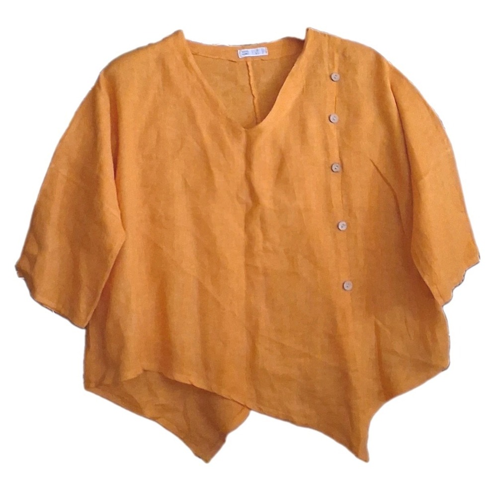 Made In Italy Womens Lagenlook Linen Top One Size Saffron Dolman Asymmetric Hem